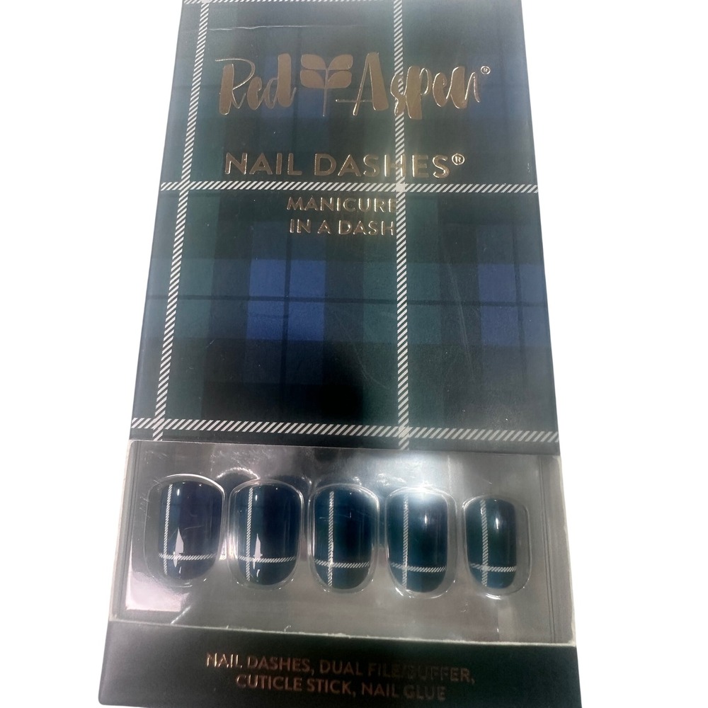 Red Aspen Nail Dashes Press On Manicure Blue Green Plaid Pattern Milly Plaid Kit